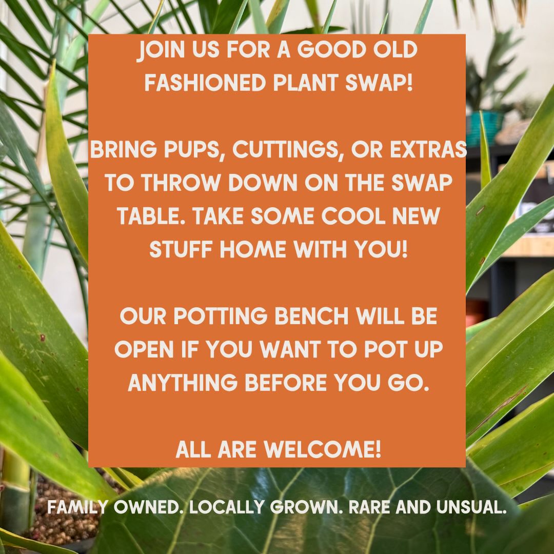 Join us for a good old fashioned plant swap! Bring pups, cuttings, or extras to throw down on the swap table. Take some cool new stuff home with you! Our potting bench will be open if you want to pot up anything before you go. All are welcome!